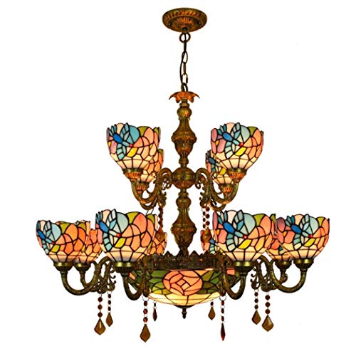 Lustre style Tiffany 35 pouces en verre teinté 12+3 lumières 110-240V