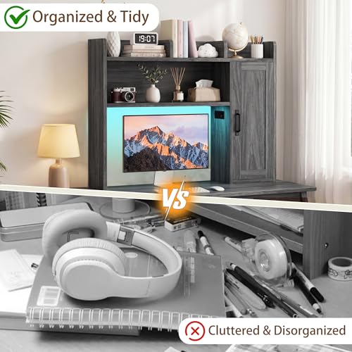Image of Dorm Desk Hutch, Desktop Shelf with 6 Shelves and Power Outlets 37.4 inch Desk Hutch with Drawers & RGB LED Light Over Desk Organizer Desktop Storage Shelf for Dorm Office Home Computer Desk-Grey