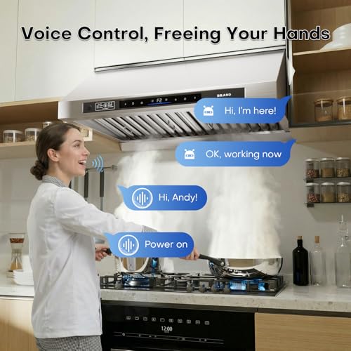 Image of BRANO Under Cabinet Range Hood, 1200 CFM DC Motor Kitchen Hood with 6 Speeds Fan, Stainless Steel Ducted Vent Hood with Voice /Gesture /Touch Control & Memory Mode (36 Inch)