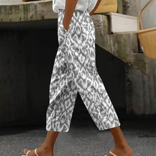 KUIH Linen Trousers Womens Summer Boho Trousers Floral Print Elastic Waisted Pull On Cropped Pants Wide Leg Harem Pants Ladies Casual Lightweight Lounge Palazzo Beach Bottoms Holiday Clothes - Image 3