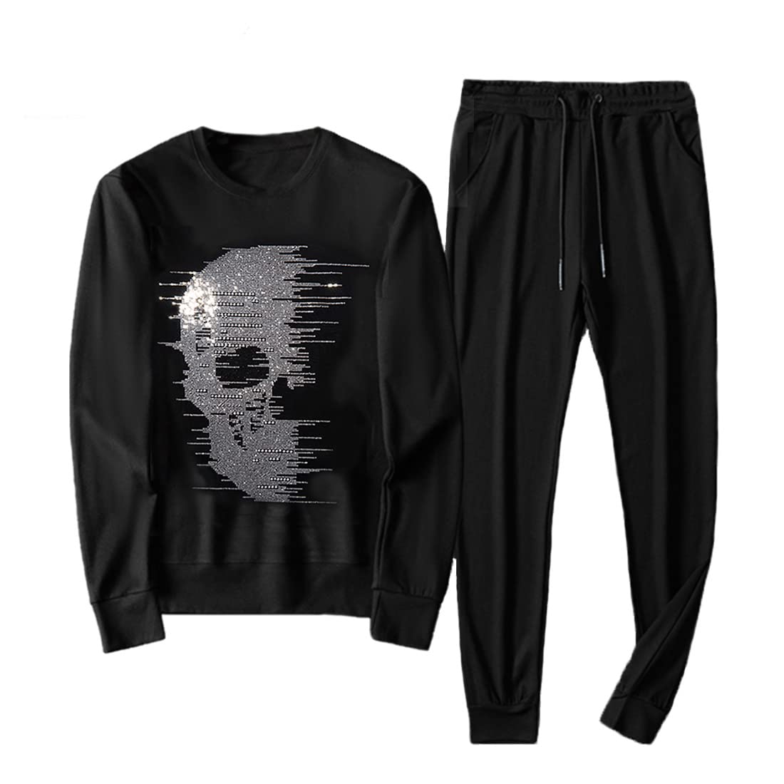 HZCX FASHIONMens Rhinestone Skull Sweatshirt And Sweatpants Set 2pcs Tracksuit