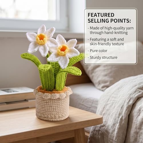 Narcisos de ganchillo regalo artesanal de flor tejida blanca con maceta de hilo 7