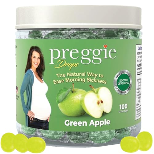 Image of Three Lollies Preggie Drops Pregnancy Nausea Relief Drops with Essential Oils, Morning Sickness and Queasy Stomach Support for Pregnant Women, Green Apple, 100 Count