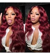 Xagujpo 24inch 99J Burgundy Lace Front Wigs Human Hair Glueless Wine Red Colored Body Wave Pre Pl...