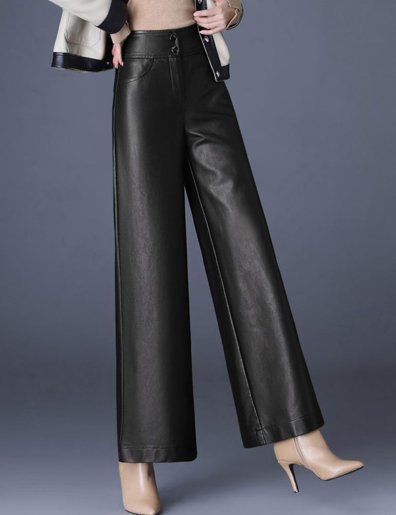 SUNYUESTAR Faux Leather Pants for Women Trendy High Waist Wide Leg Baggy Straight Leg PU Leather Pants - Image 3