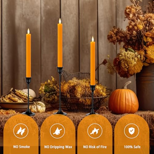 Image of 6 Pack Orange Flameless Taper Candles with Remote&Timer, Thanksgiving Battery Operated Candles with Flickering Wick, Fall Candlestick Harvest and Thanksgiving for Home Decor