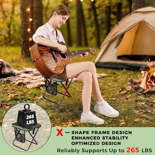 Image of Portable Folding Stool - 12 inch Tall Collapsible Backpack Stool with Storage Pouch, Hands-Free Carry & Supports 300 lbs, Ultralight for Hiking, Fishing, Camping, Festivals (Green, Standard)