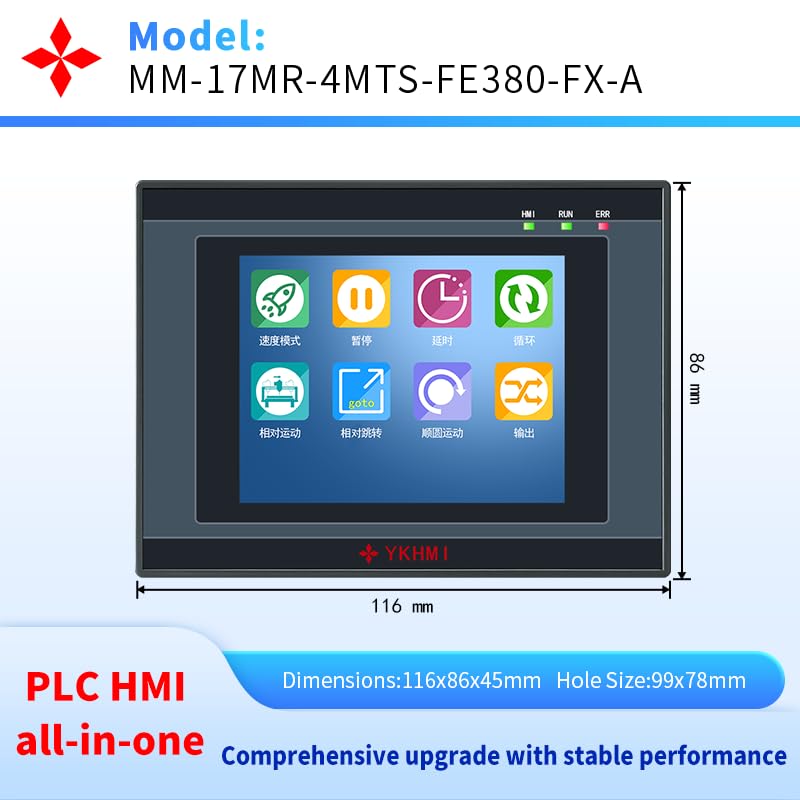 Image of 3.8 Inch PLC HMI All in One Integrated Programmable Logic Controller, 10 Input 7 Relay Output, 2 High-Speed Pulse 100KHz for Sevor or Stepper, 2 100Khz Input for Encoder (17MR-FE380-FX-A)