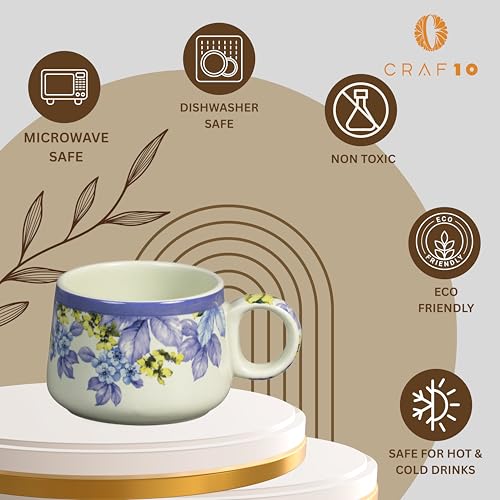 Image of CRAF10 Handcrafted Ceramic Blue Lilac Floral Print Teapot Cup Set - 1 Kettle (1 Litre) & 6 Cups (160 ML), Microwave & Dishwasher Safe | Morning Set | Tea Sets with Kettle