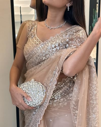 Image of Naari Women's Brown Beige Chiku Net Gold Sequence Saree With Blouse (Soneri New 3)