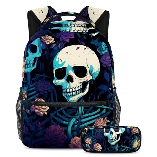Art Crâne et Fleurs ensemble cartable 3 pièces grand format pour collégiens et lycéens