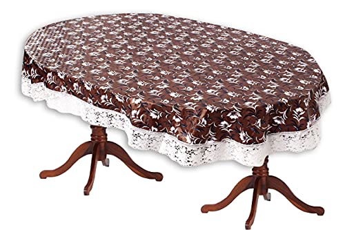 Image of The Furnishing Tree Waterproof PVC Oval Shaped 4 to 6 Seater Table Cover WxL 54x78 inches Floral Pattern Dark Brown with White Border lace
