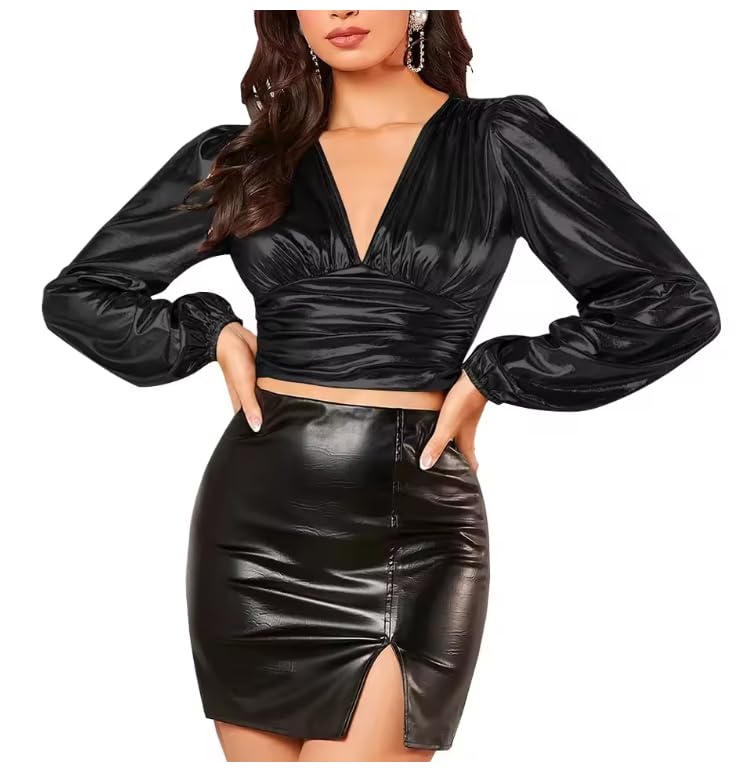 Camiseta corta con volantes metálicos de talla grande, cuello en V profundo, camisas de manga larga Sissy de gran tamaño, estilo punk, ropa de fiesta, personalizable