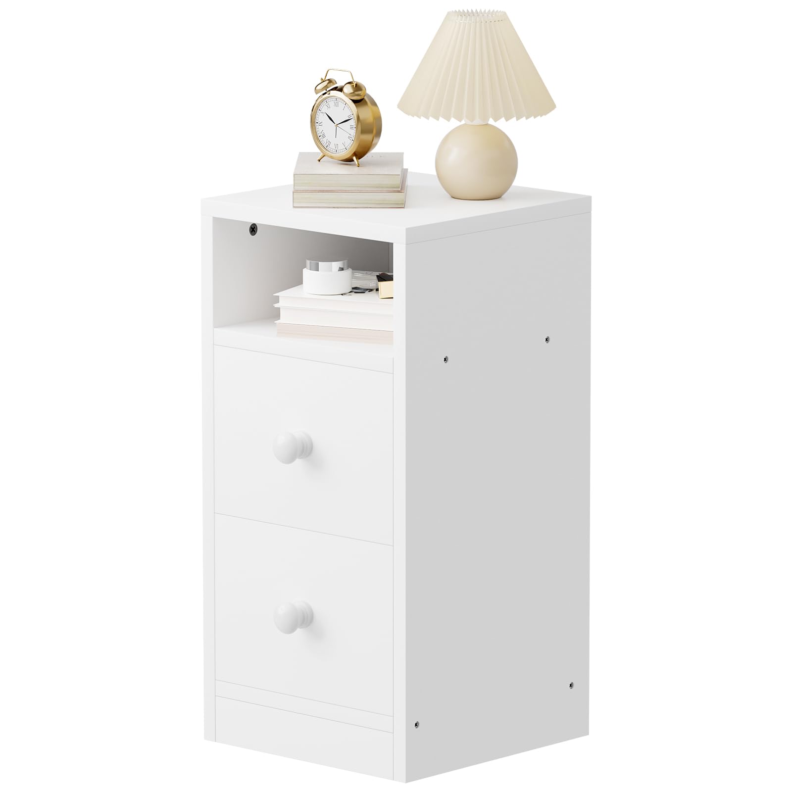 Bonnlo Nachttisch Weiß 2er Set, Kommode mit 2 Schubladen, Konsolentisch Schmal mit offenem Fach, Nachtschrank Boxspringbett aus MDF mit Stauraum für Schlafzimmer, Modern, 25x30x60cm
