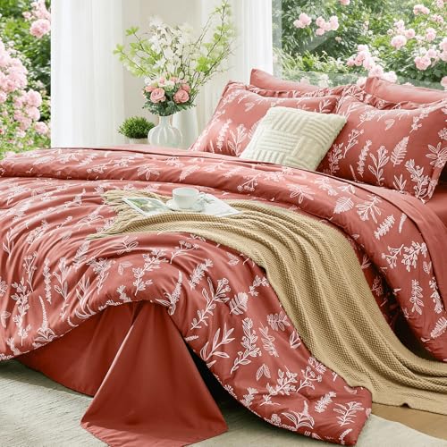 Image of MUXHOMO Brown King Comforter Set, Elegant Floral Print Bed in a Bag 7 Pieces, Ultra Soft & Breathable Reversible Botanical Pattern Bedding Set with Comforter, Sheets, Pillowcases, and Shams
