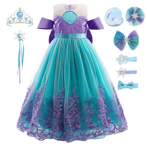 YOSICIL Sirenita Disfraz Niña Princesa Sirena Vestido con Accesorio Bordado encaje Fiesta de Cumpleaños Cosplay Halloween Boda Navidad Carnaval Con espejo maquillaje y clip pelo，morado 120