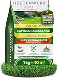 HELDENWERK® Rasensamen schnellkeimend 1kg/40m² FRÜHJAHR – FÜR DEUTSCHES WETTER – Grassamen für Nachsaat & Neusaat – Sport & Spielrasen robust für alle Bodenarten – Made in Germany (1kg für 40qm)