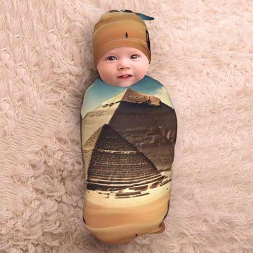 Dreaming of The Pyramids of Khufu Print Newborn Swaddle Blanket with Beanie Set, Soft Baby Sleep Sack Receiving Wraps, for Boy Girl 5
