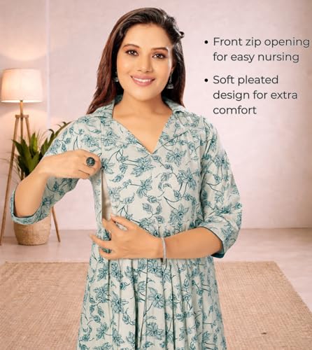 Image of Momenta Women's Pure Cotton Maternity Kurta Set | Feeding Kurti with Concealed Zippers | Maternity Dress for Pre & Post Pregnancy