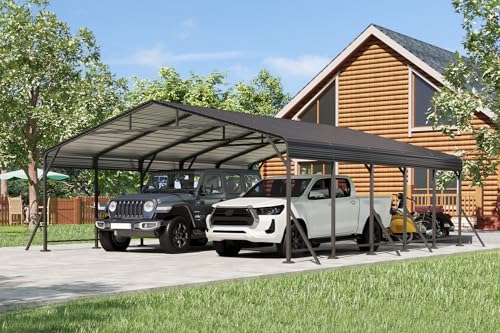 EROMMY 20' x 24' Heavy Duty Metal Carport with Galvanized Steel Roof & Base for All-Weather Protection, Outdoor Carport Garage, Versatile for Car, Boat, Tractor, and Party Use, Dark Gray