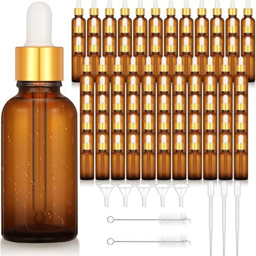 110 Pcs 1 Oz Glass Dropper Bottles with Black Caps for Essential Oils Perfumes Cosmetics and Travel Liquid Storage Featuring Funnels Droppers and Cleaning Brushes (Amber)