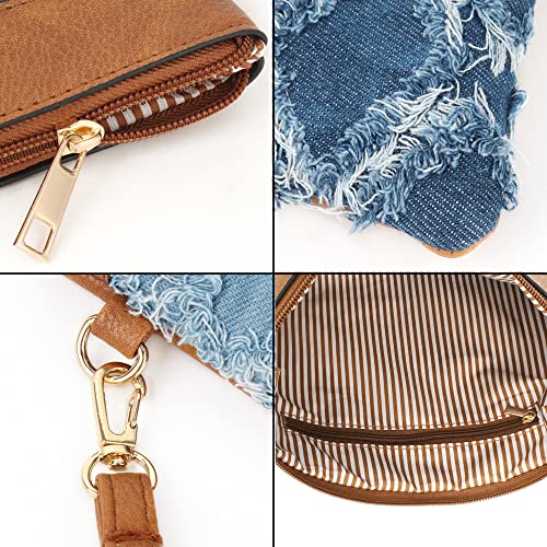 Image of Women Denim Wristlet Clutch Purses Wallet Envelope Handbag PU Leather Quilted Distressed Zipper Satchel