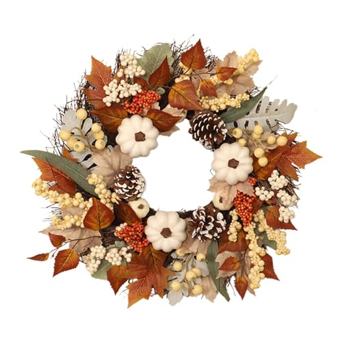 - Corona para Puerta de – – Hoja de Arce y – | Corona otoñal de 45 cm con Calabazas y Hojas, decoración de otoño para la Puerta Principal para decoración de Acción de Gracias