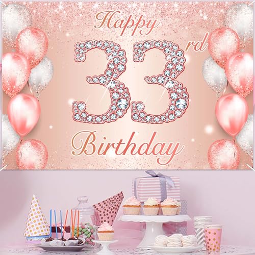 Image of Happy 33rd Birthday Rose Gold Banner Cheers to 33 Years Old Backdrop Confetti Balloons Theme Decor for Women 33 Years Old Pink Birthday Party Decorations Bday Supplies Background Favors Gift Glitter