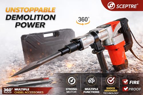 Image of SCEPTRE 1250W Demolition Hammer Concrete Breaker Machine | 7 KG Heavy-Duty Electric Jack Hammer with Flat & Pointed Chisels, Carry Case | 2000 BPM for Trenching & Chipping