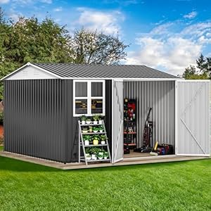 DWVO 10' x 10' Outdoor Storage Shed, Waterproof Metal Garden Shed with Windows, Lockable Doors, and Sloped Roof for Patio, Backyard, Lawn, Tool Storage, Bike Shed, Pet Shelter (Gray + White) DWVO 10 x 10 Outdoor Storage Shed Waterproof Metal Garden Shed with Windows Lockable Doors and Sloped Roof for Patio Backyard Lawn Tool Storage Bike Shed Pet Shelter Gray White