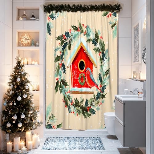Christmas Shower Curtain, Red Birdhouse Holly Wreath Bathroom Decor, Winter Holiday Modern Rustic Waterproof Fabric Shower Curtain with Hooks 36x72 Inch