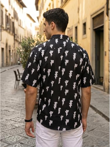 Image of BROWN CULTURE Men's Cotton Blend Printed Shirt with Spread Collared Neck Half Sleeves Oversized Straight Hem Length and Button Down Closure | Formal Shirts for Men