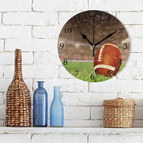 Kuwt American Football Wall Clock Silent Non-Ticking, 9.5 Inch Round Wall Clock Battery Operated Sport Ball Clock Decor For Boys Room Home Wall Bathroom Bedroom Living Room Office Classroom Patio #TOP1