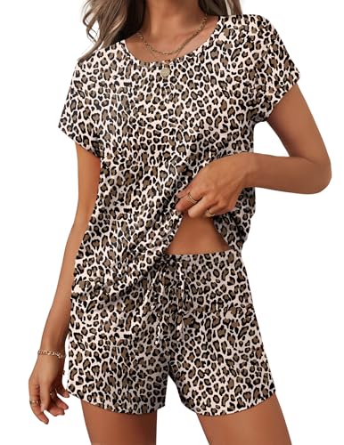 Image of Ekouaer Women 2 Piece Pajamas Set Short Sleeve Comfy Lounge Set Round Neck Tops and Shorts Pjs with Pockets