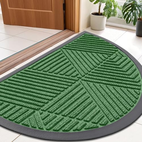 Image of Smiry Half Circle Front Door Mat Outside Entrance, Heavy Duty Sturdy Natural Rubber Doormat, Trap Dirt and Moisture, Low Profile Mats for Indoor Outdoor Entry, Irregular Triangle (35x23, Green)