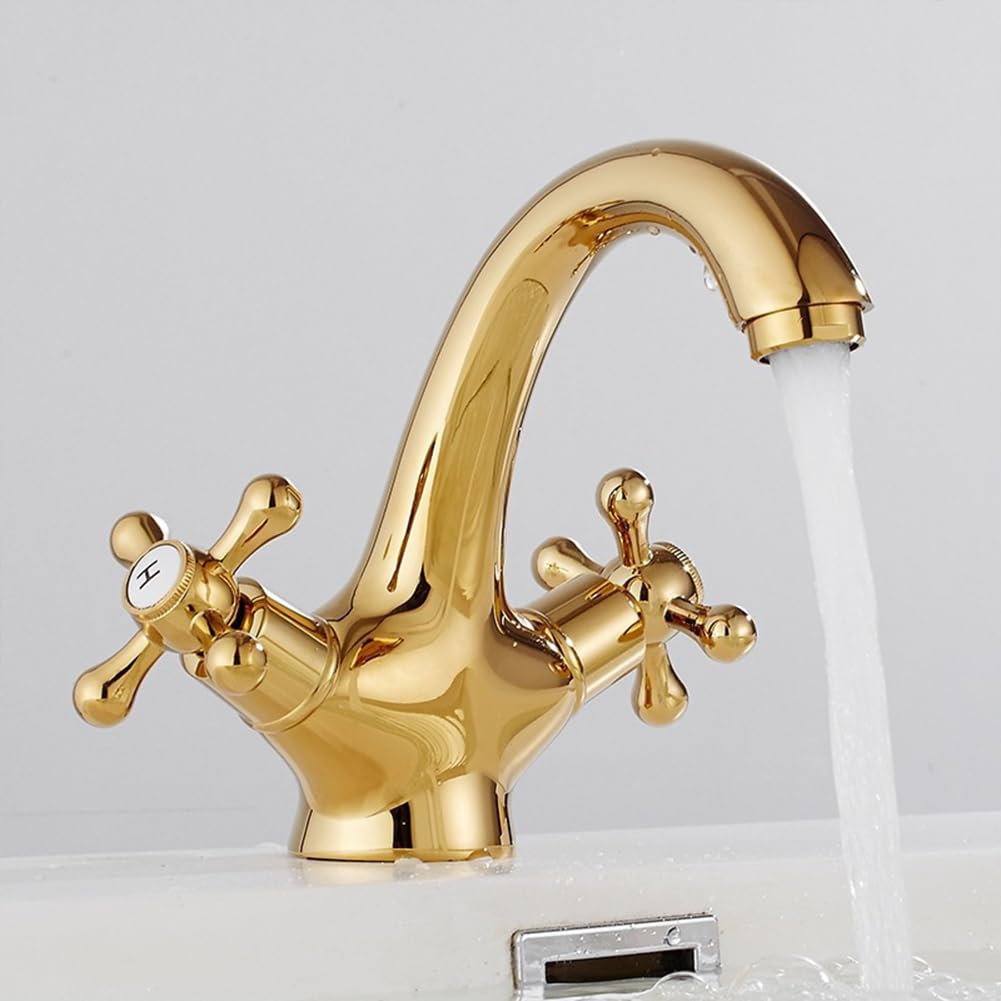 Grifo De Baño Grifo De Lavabo, Vintage Retro Estilo Latón Dos Mandos Mezclador De Lavabo, Ajustable Para Agua Fría Y Caliente, Oro