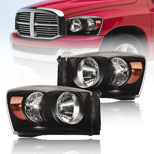 Fullux for 2006-2008 Dodge Ram 1500 2500 3500 Headlights Assembly Compatible 2007 2009 with Halogen Headlamps Amber Reflector Black Housing