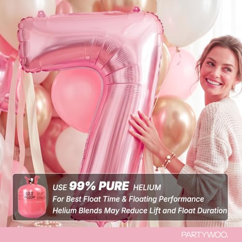 Image of PartyWoo Baby Pink Number 7 Balloon 40 Inch 25pcs Pink Foil Star White Gold