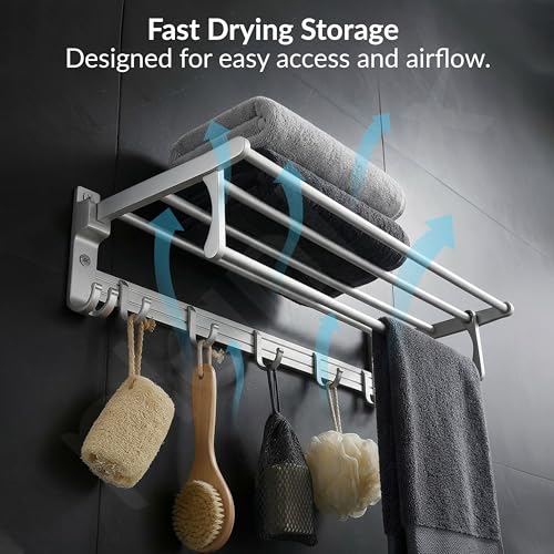 Image of Plantex Aluminium Foldable Towel Rack in Bathroom /Space Towel Holder /24 Inch Towel Hanger /Adjustable Hooks with Ample Space /Bathroom Accessories - Pack of 1 (Silver)