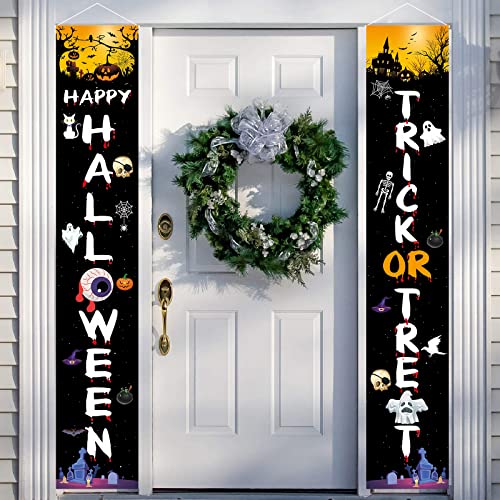 Truco o trato Banner del porche, BTZO Feliz Halloween Decoración de la puerta Colgante Carteles de bienvenida Coplas para la puerta principal Exterior Interior Home Garden Decoración de la fiesta Cover