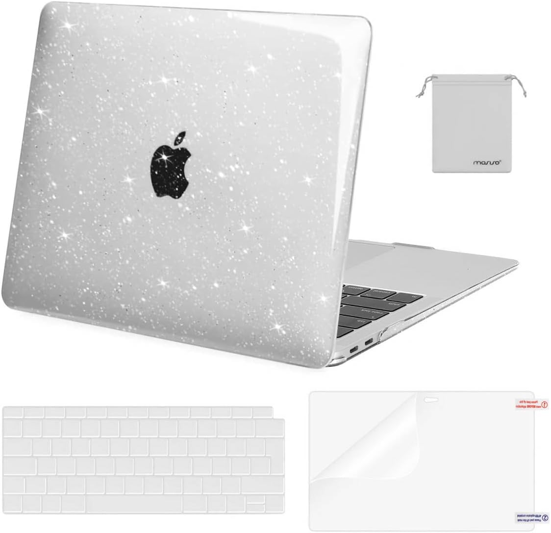 Compatible with MacBook Air 13 inch Case M1 2021 2020-2018 A2337 A2179 A1932, Sparkly Glitter Hard Shell for MacBook Air M1 Case 13.3 inch &Keyboard Cover&Screen Protector&Pouch, Transparent