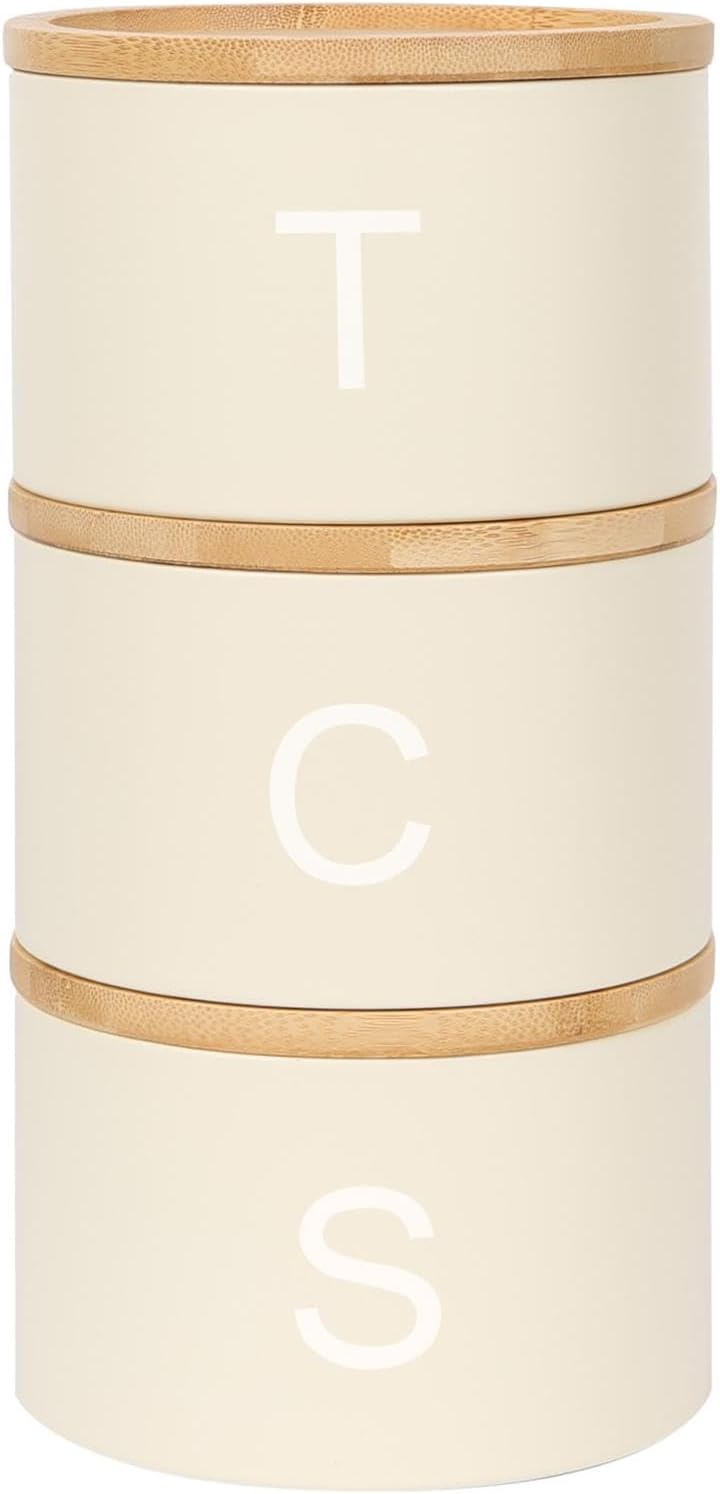 Harbour Housewares Stackable Tea Coffee Sugar Canisters with Bamboo Lids - Cream - Stacking 3pc Tea Coffee and Sugar Canisters Set Airtight Kitchen Organiser Food Storage Jars