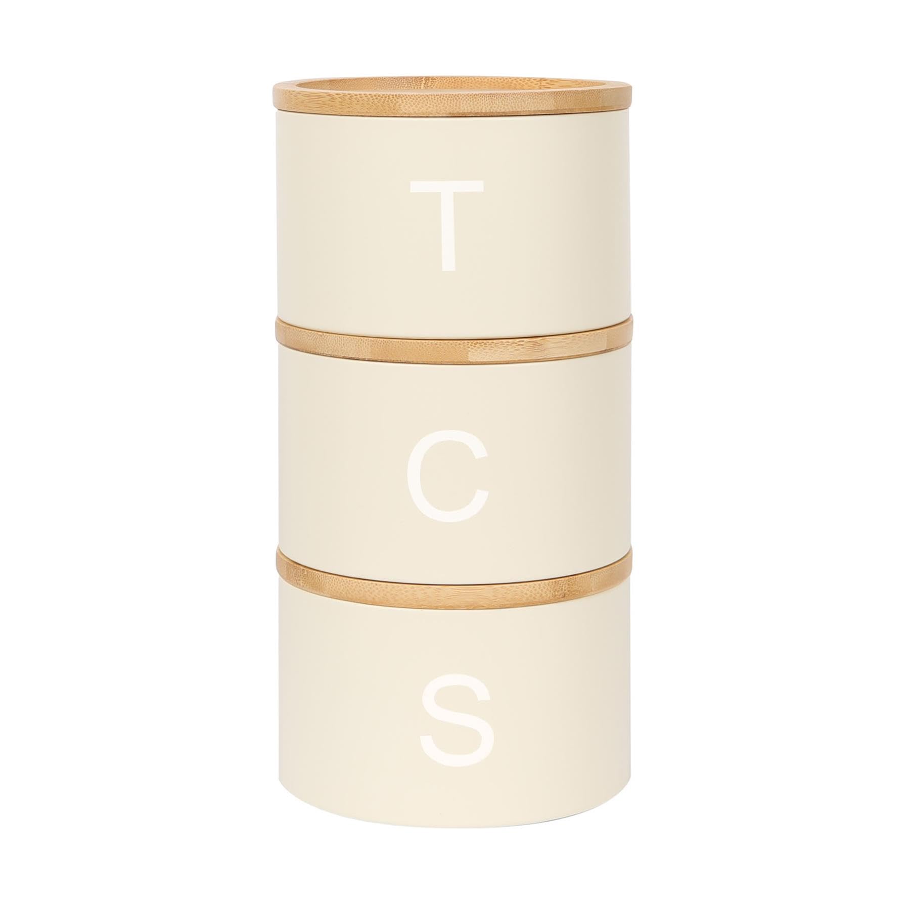 Harbour Housewares Stackable Tea Coffee Sugar Canisters with Bamboo Lids - Cream - Stacking 3pc Tea Coffee and Sugar Canisters Set Airtight Kitchen Organiser Food Storage Jars