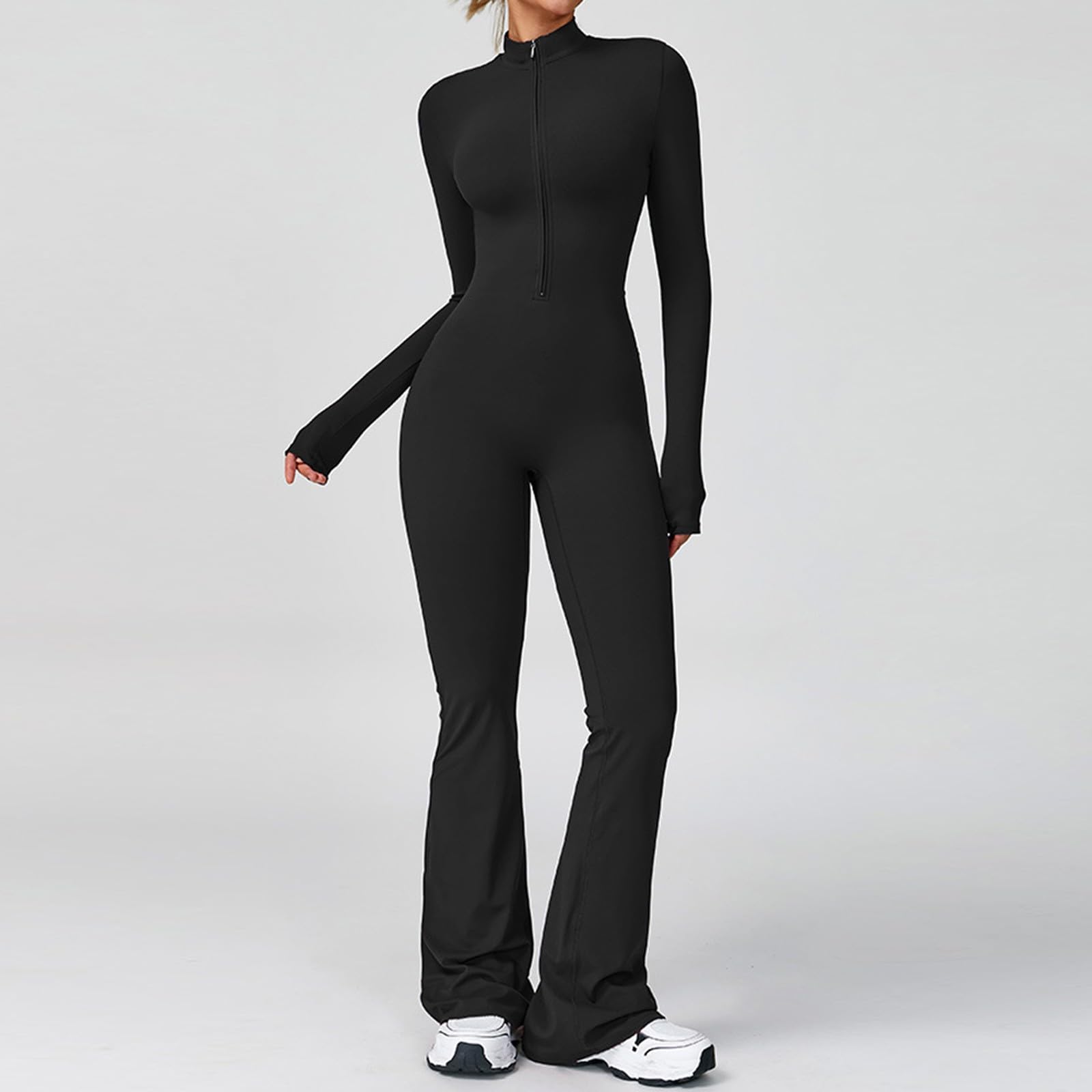 Combinaison à manches longues avec jupe évasée et fermeture éclair pour femme, combinaison élégante avec jambes larges, combinaison polyvalente de yoga pour activités sportives, loisirs, catsuit