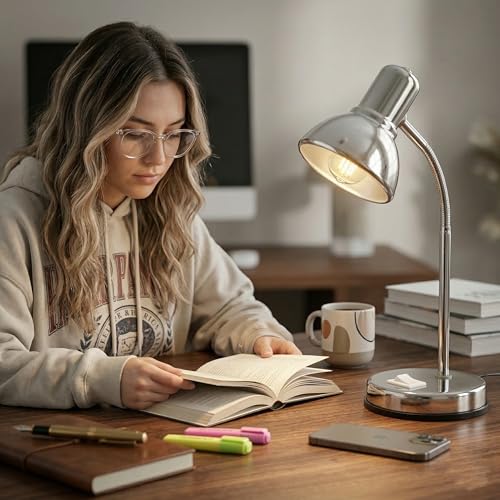 Image of Metal Desk Lamp with Bulb, Red Finish, Adjustable Gooseneck, 16 Inch Height, Strong Body Table Lamp (Silver)