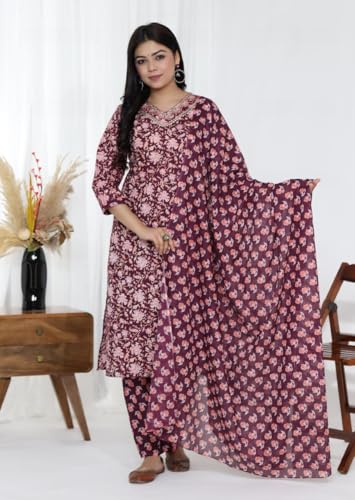 Image of Women's Cotton Floral Printed Ethnic Wear Kurta Set with Dupatta (Women-Kurti-Set)