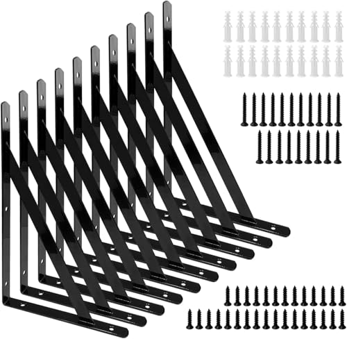 TerraShine 棚受け 10本セット 棚受け金具 棚支え アイアンブラケット L字型 耐荷重50kg 耐久性 省スペース 壁収納 ビス付き DIY 収納（ブラック-250*160mm）