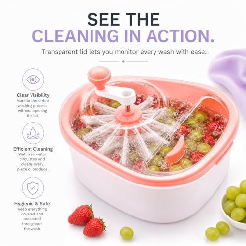 Image of Manual Fruit and Vegetable Cleaner Basket, Food Washer, Deep Cleaning Produce Rinse Bowl, Kitchen Strainer for Fruits and Vegitable, Pink
