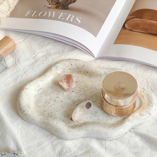 Image of Jewelry Dish Trinket Tray for Women, Ring Dish Holder, Unique Cloud Shape Ceramic Plate Cute Things Vanity Aesthetic Room Decor Mother's Day Birthday Gifts (Marble Beige)