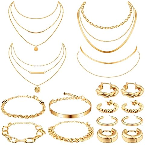 Tiamon 12 Pcs Gold Silver Jewelry Sets for Women Layered Set of Earring Necklace Bracelets for Men Jewelry Gifts(Gentle Style) Cover